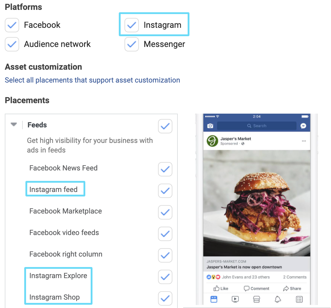 Facebook Ad Manager 中的 Instagram 展示位置