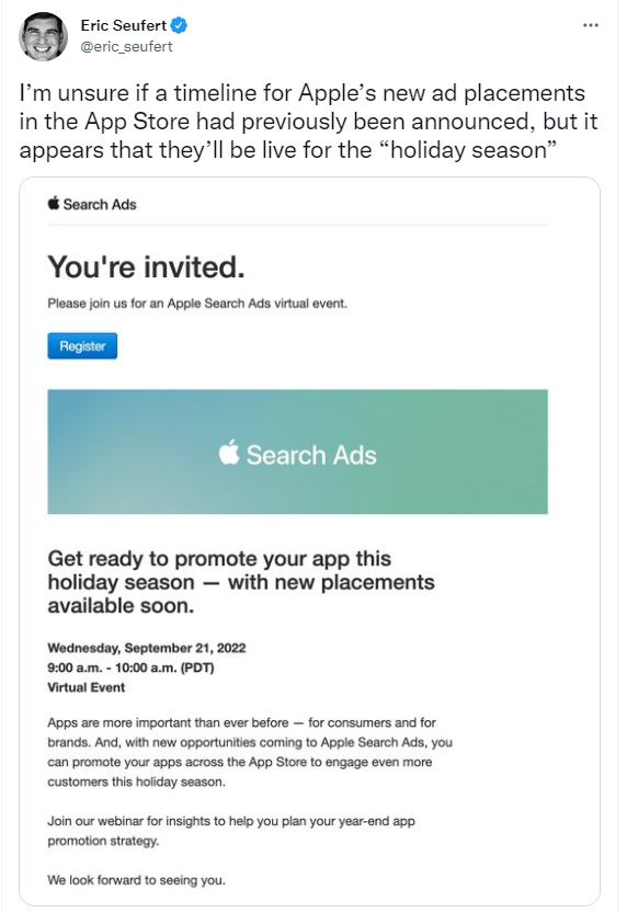 第四季度广告商可以使用新的 Apple Ads Spot