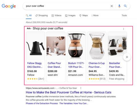 显示购物广告的倒咖啡的 Google 搜索结果页