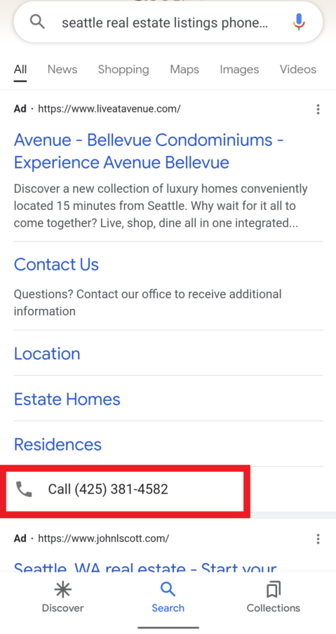 Google 搜索中的移动电话附加信息示例。