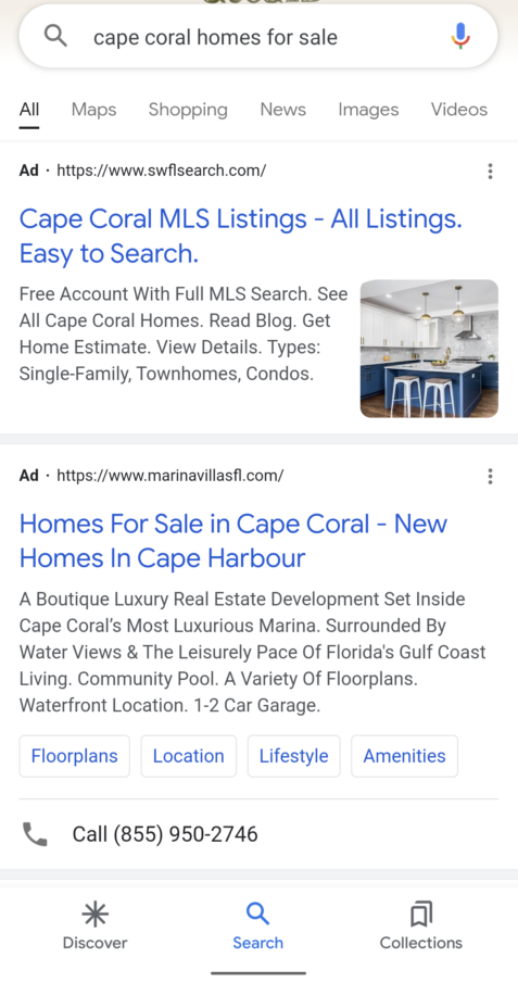 带有附加链接扩展的 Google Ads 搜索示例。