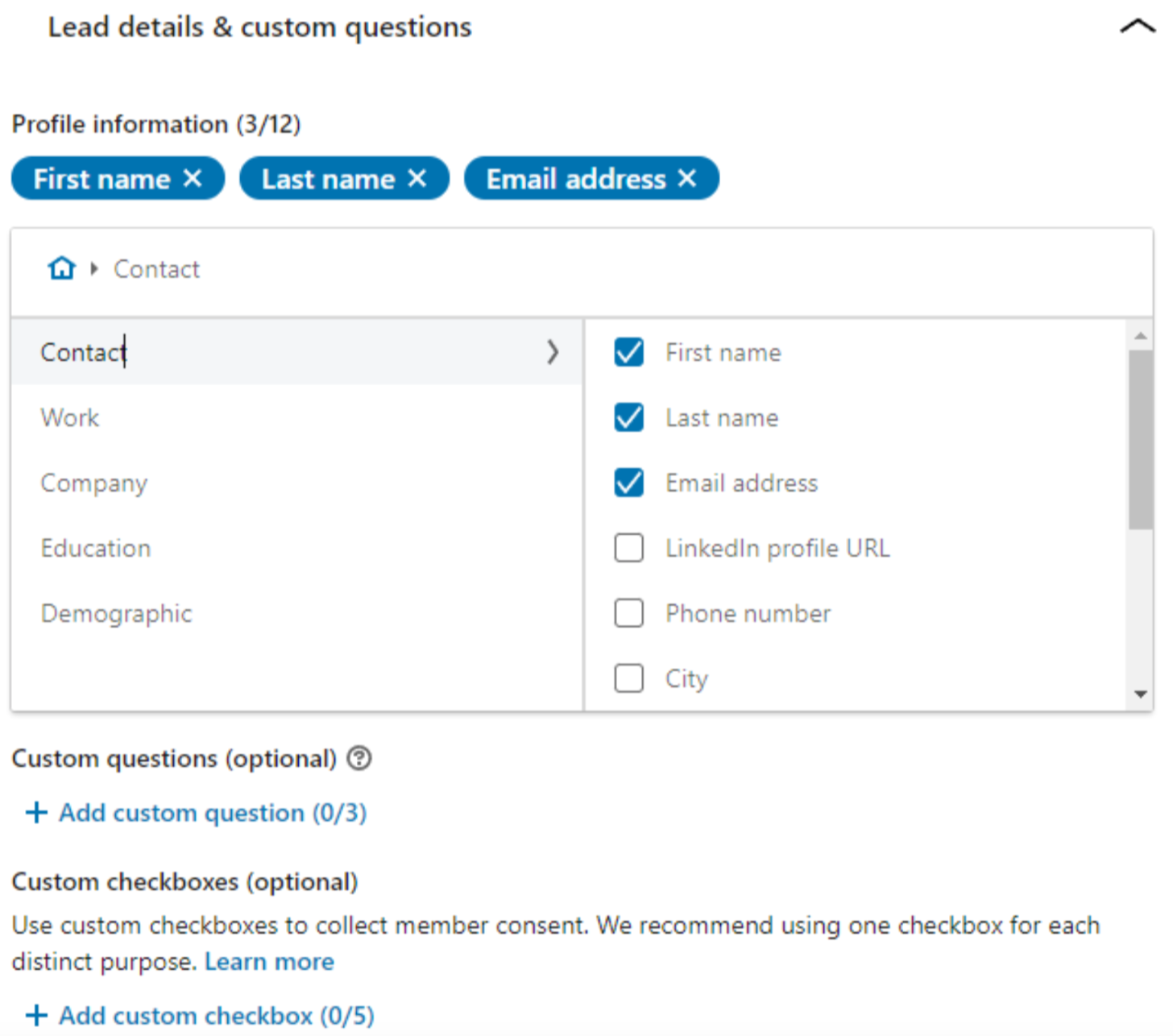 LinkedIn 潜在客户表格的潜在客户详细信息和自定义问题